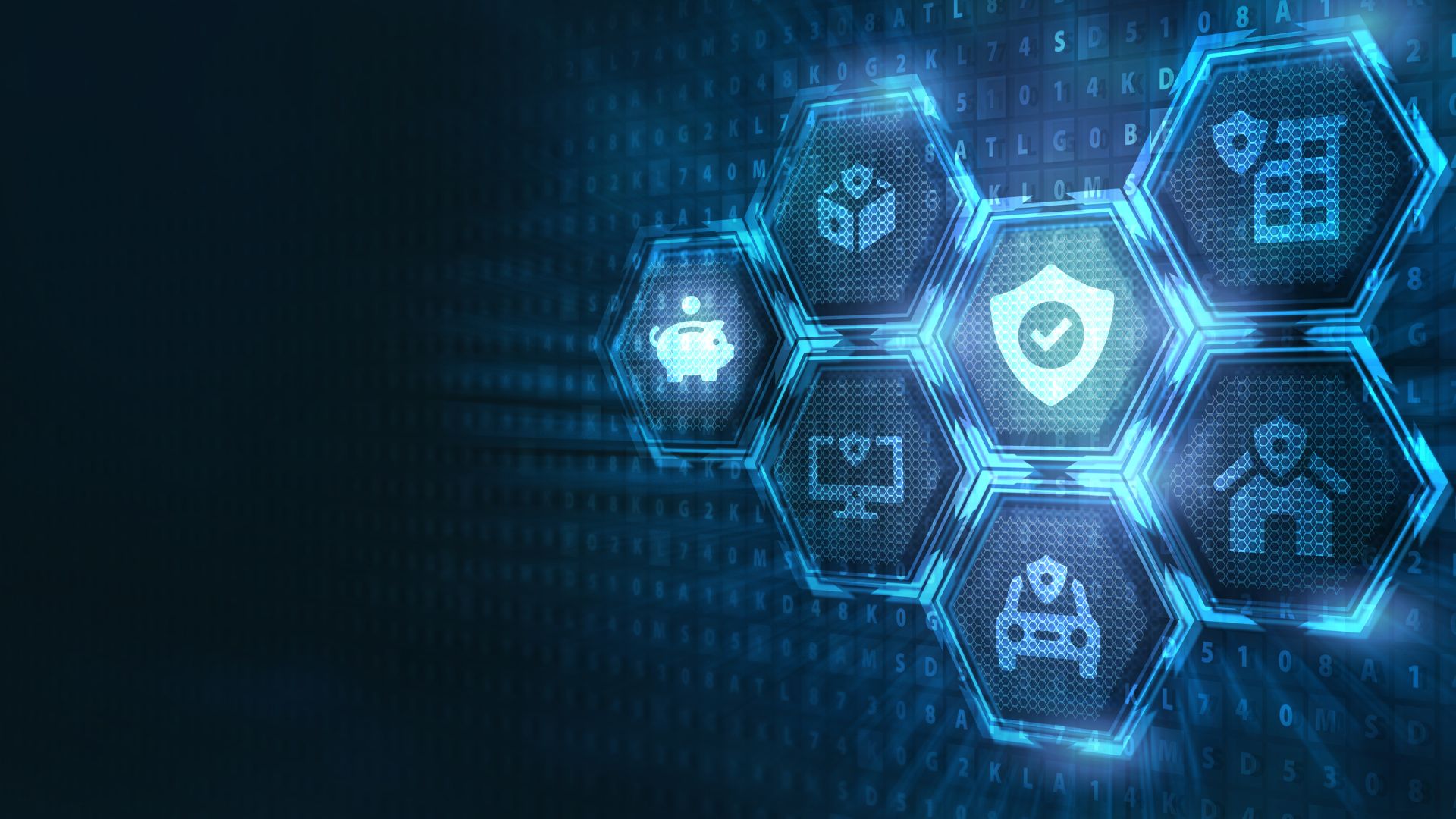 blue graphic with hexagons of what landlord insurance covers. Icons of a car, house, building, box, piggie bank